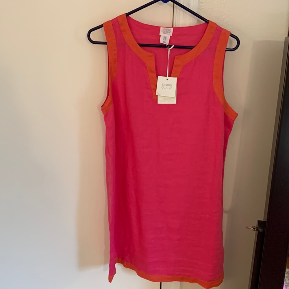 Linen, Sigrid Olsen hot pink dress with orange trim.